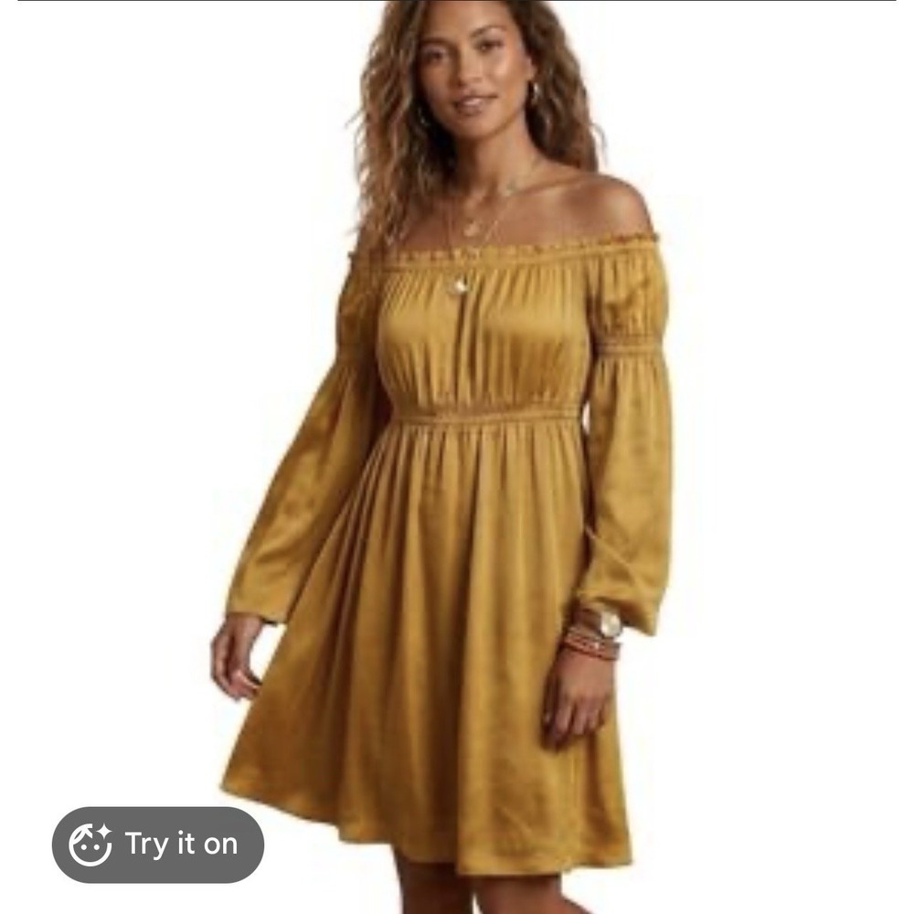 Shore Santa Maria Mini Dress Small Tinsel Gold Off Shoulder Bell Sleeve‎ NWT